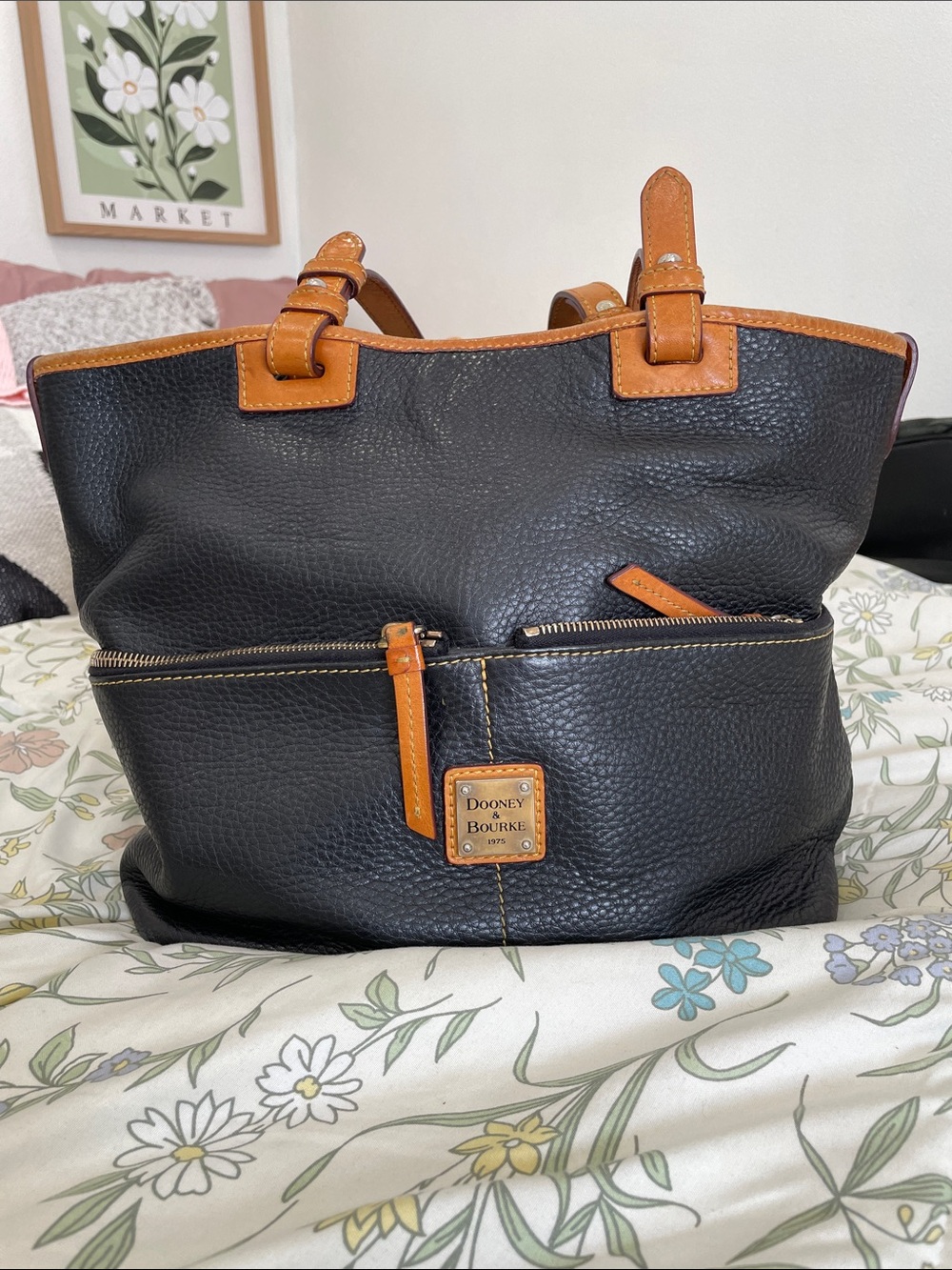 Dooney & Bourke Black Leather Tote with Tan Trim